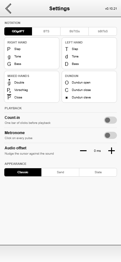 Settings and the notation legend